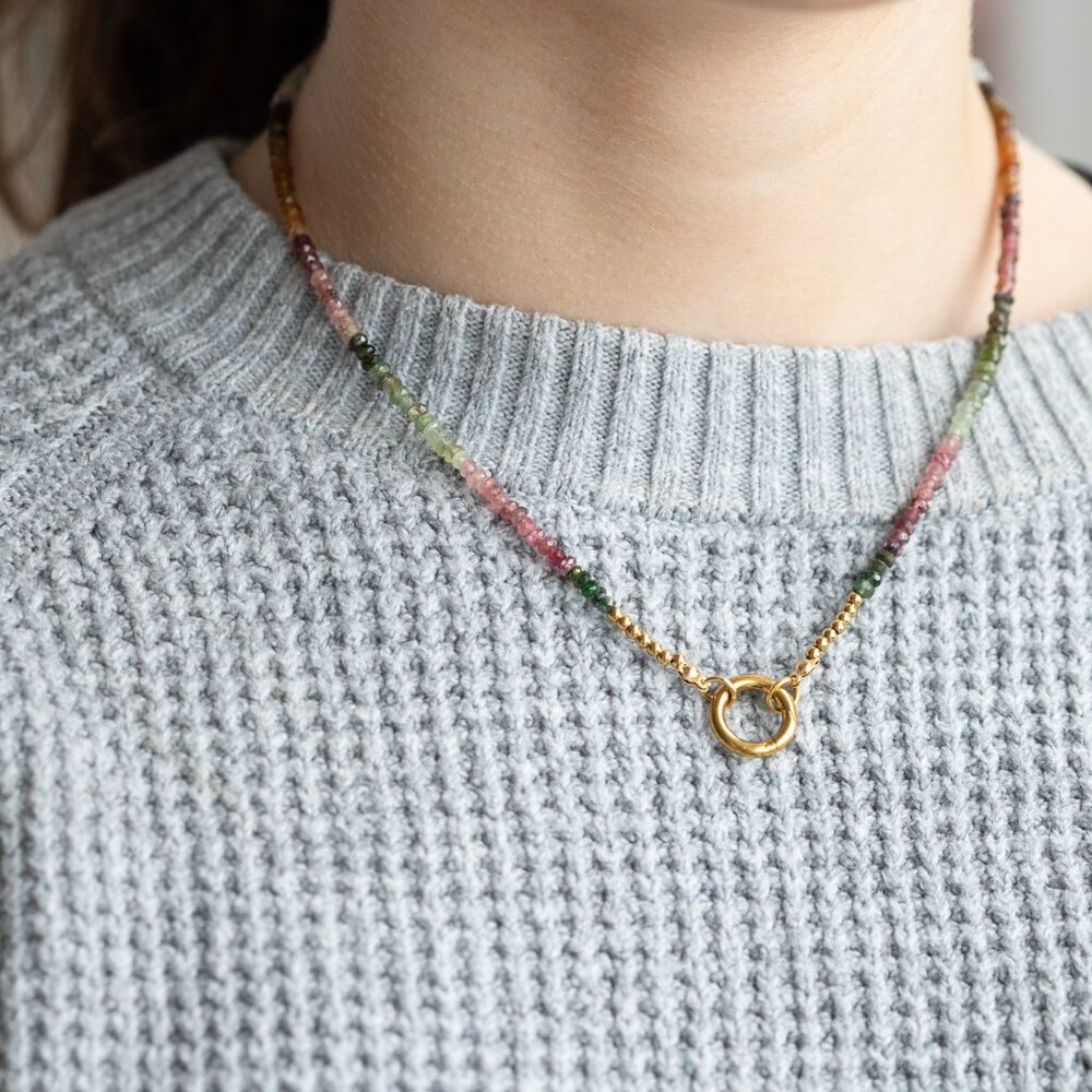 Watermelon Tourmaline Necklace Gemstone Beaded Necklace Gold Charm Clasp PRETTY - Picture 9 of 12